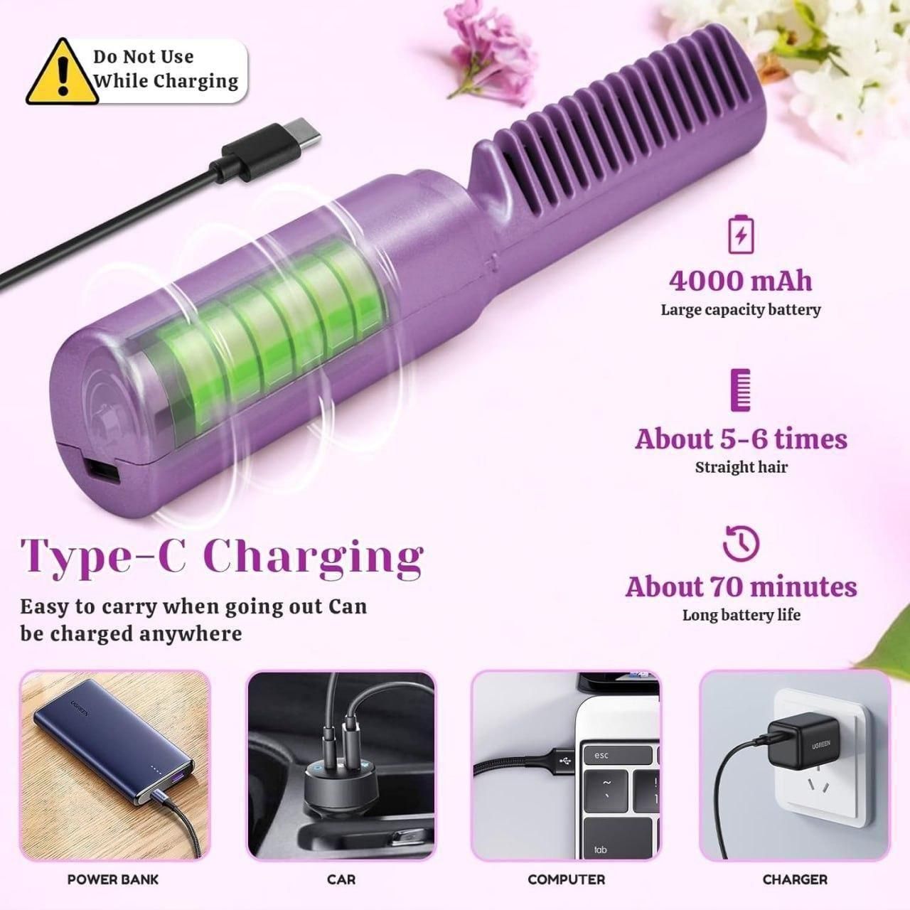 Portable Mini Hair Straightener – Cordless Rechargeable Hot Comb
